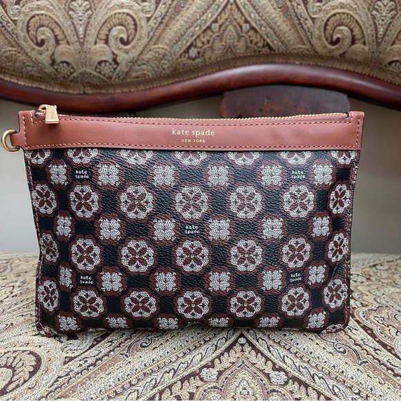 Kate Spade Flower Monogram Sutton Zip Top Pouch Brown Black Coated Canvas - Picture 1 of 9